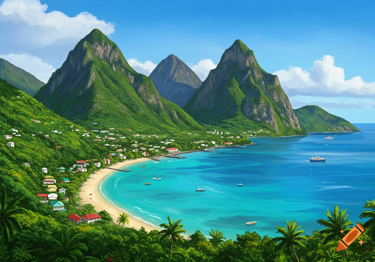 A tropical bay with twin mountains, a town on a beach, and boats on blue water.