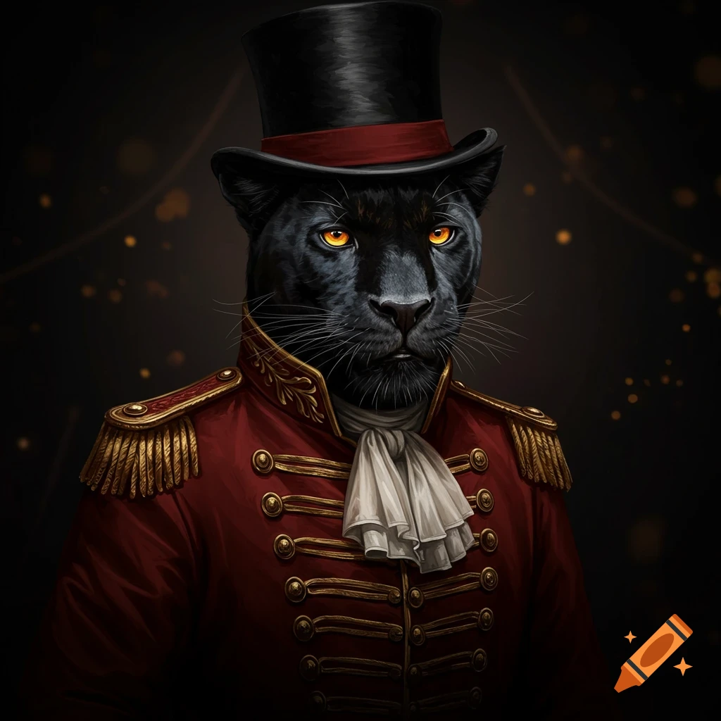 A black panther in a red ringmaster jacket and top hat.
