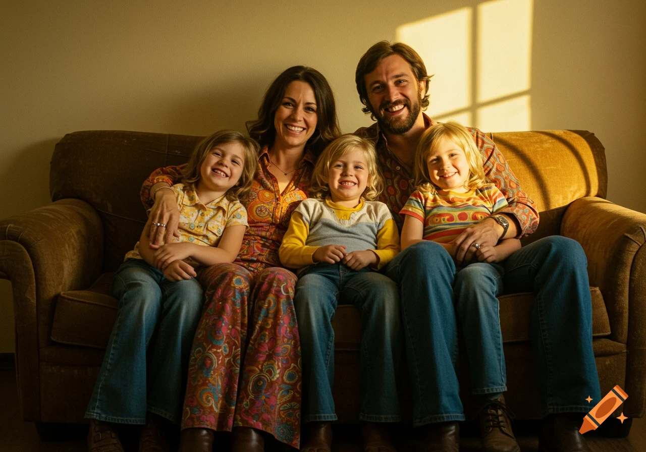 Family portrait with parents and three children smiling on a couch in 1970s style, warm lighting