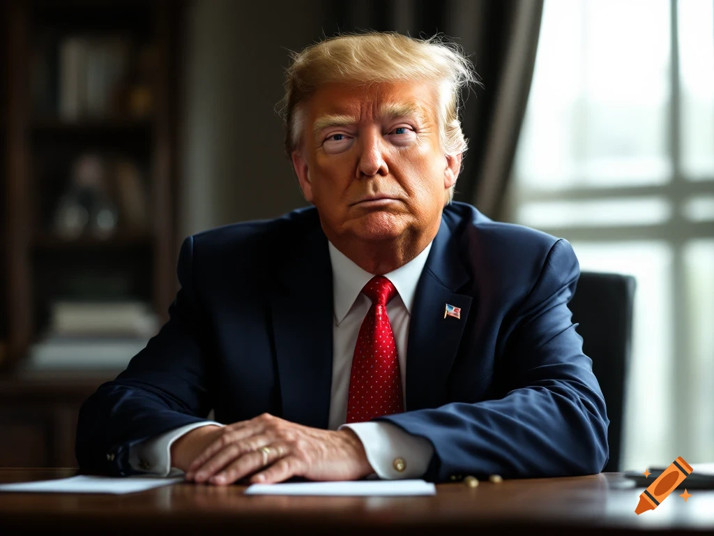 Photorealistic portrait of Donald Trump sitting at a desk in an office.