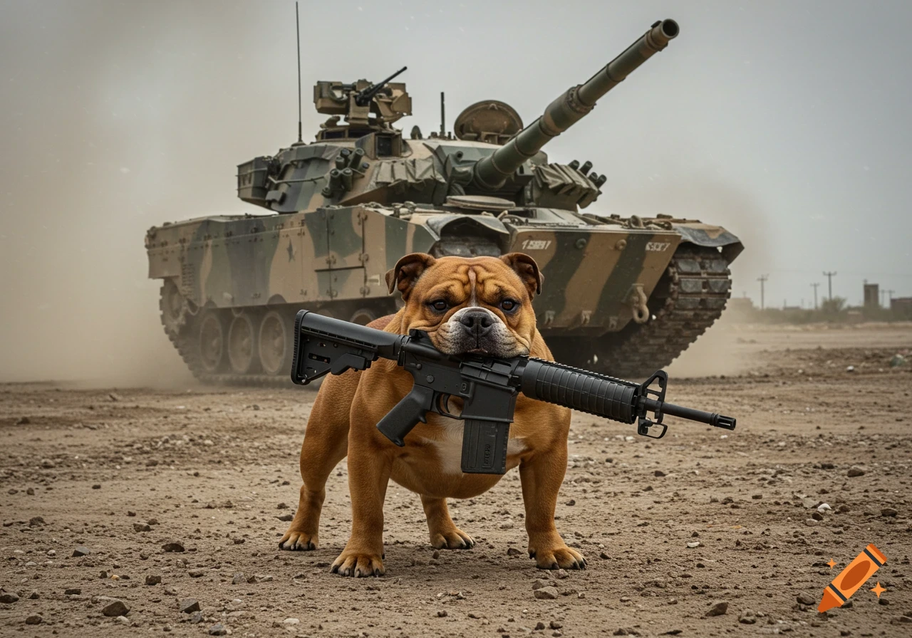 A bulldog holds a rifle in its mouth, standing in front of a military tank in a dusty landscape.