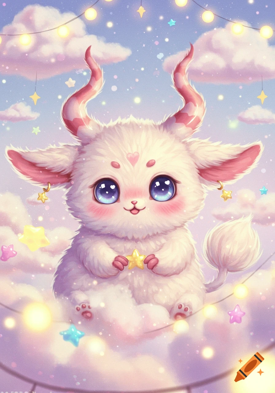 A cute fluffy fantasy creature with big eyes sits on a cloud holding a star, surrounded by lights and stars in a dreamlike sky.
