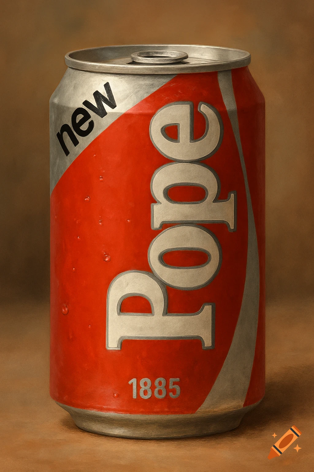 A red and silver soda can labeled new Pope 1885.