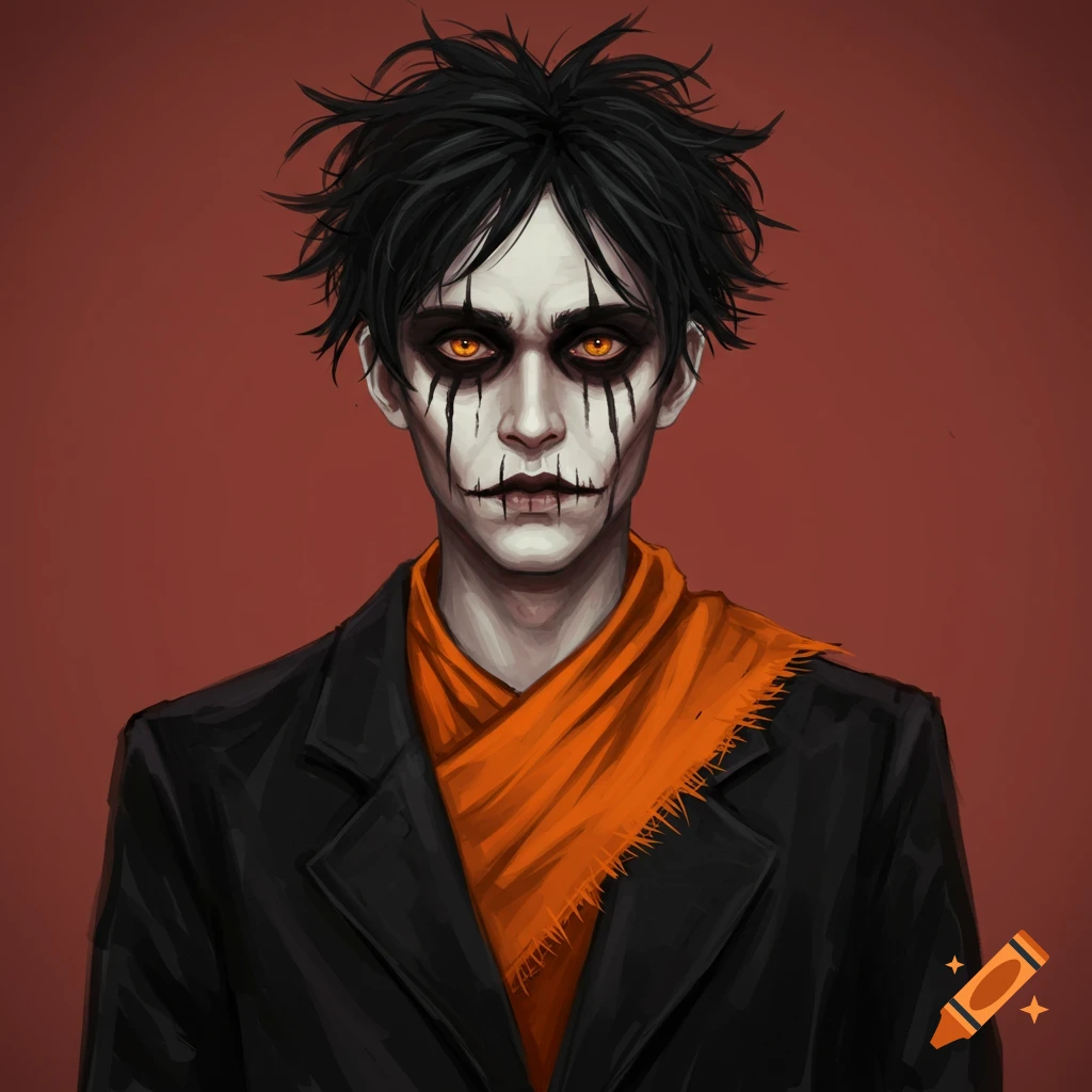 Painting of a person with gothic makeup, orange eyes, black jacket, and orange scarf.