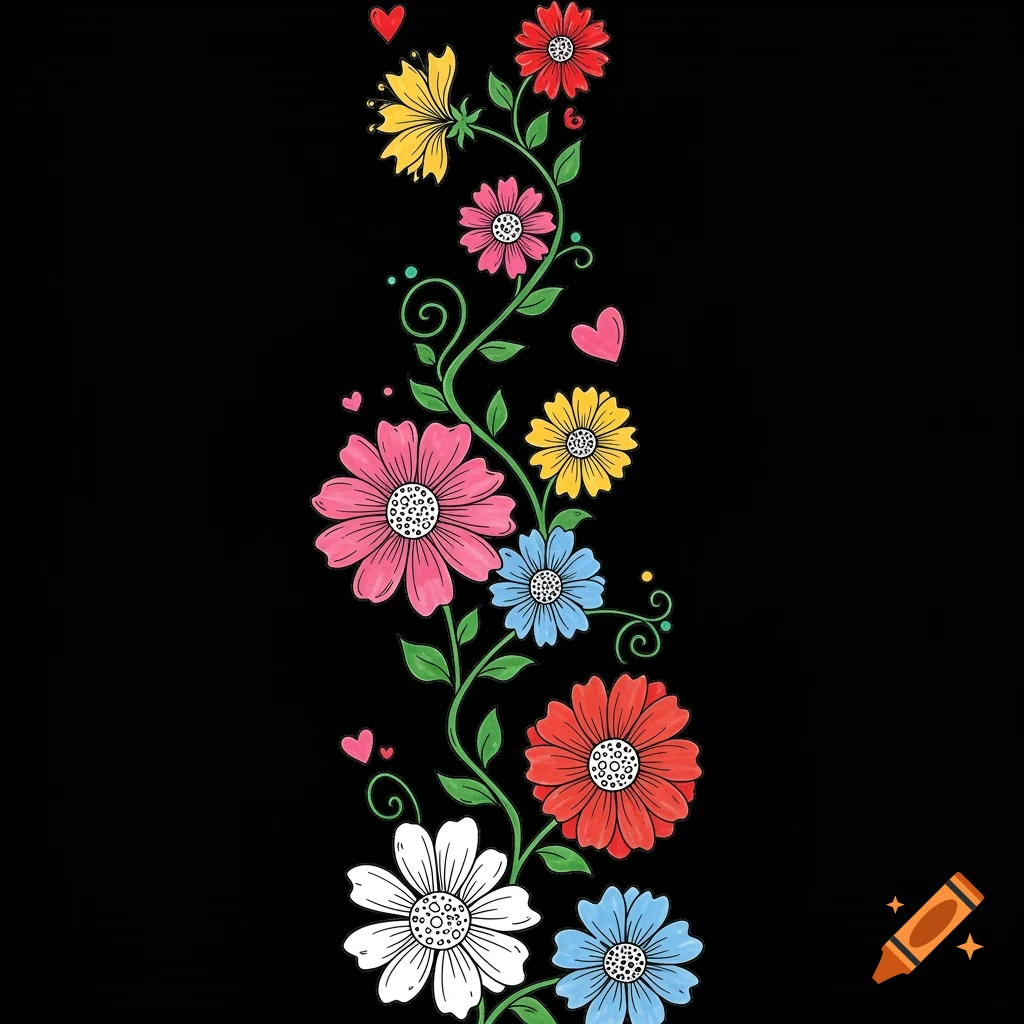 Coloring book illustration of a vertical vine with colorful flowers and hearts on black background.