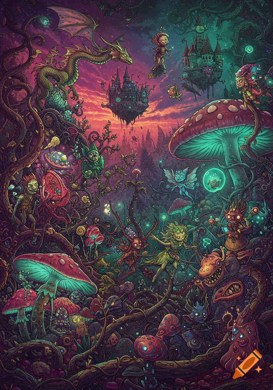 Vibrant fantasy illustration with a dragon, creatures, mushrooms, and floating castles in a dark forest setting.