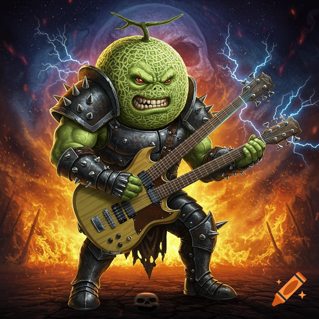 A green creature with a melon head and spiky armor plays a double-neck guitar in a fiery scene with lightning and a skull.