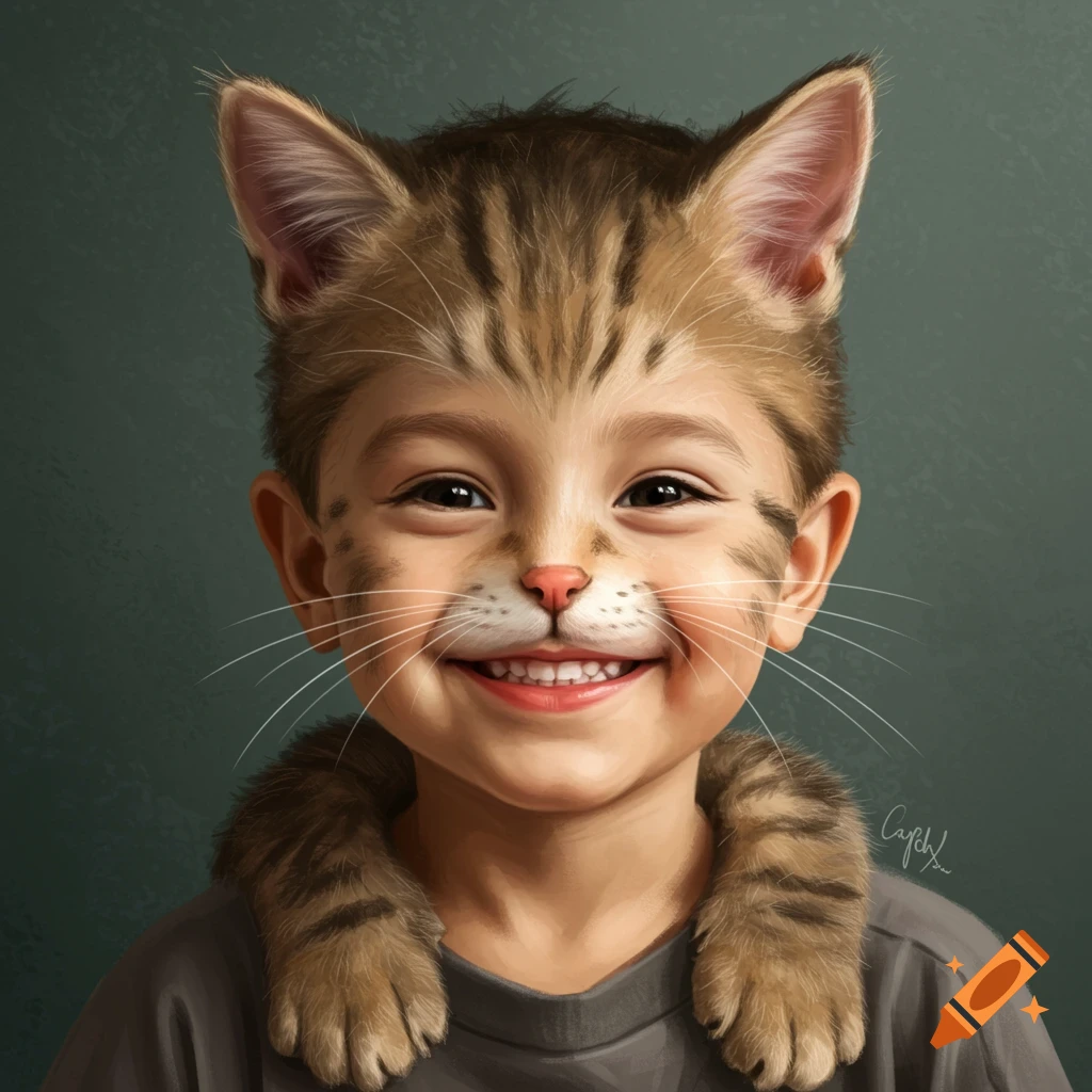 A portrait of a smiling child with cat features, including fur, ears, whiskers, and paws.