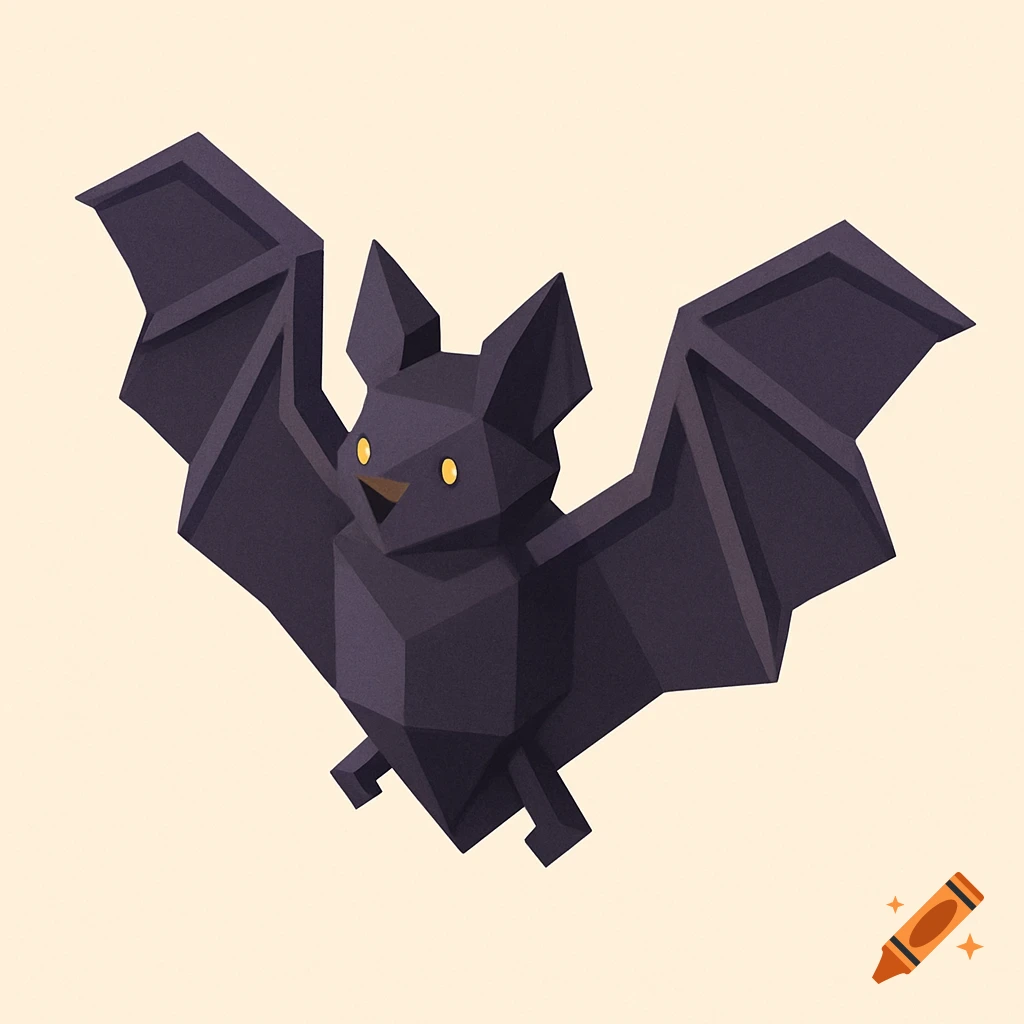 A dark geometric bat with yellow eyes flies in isometric perspective.