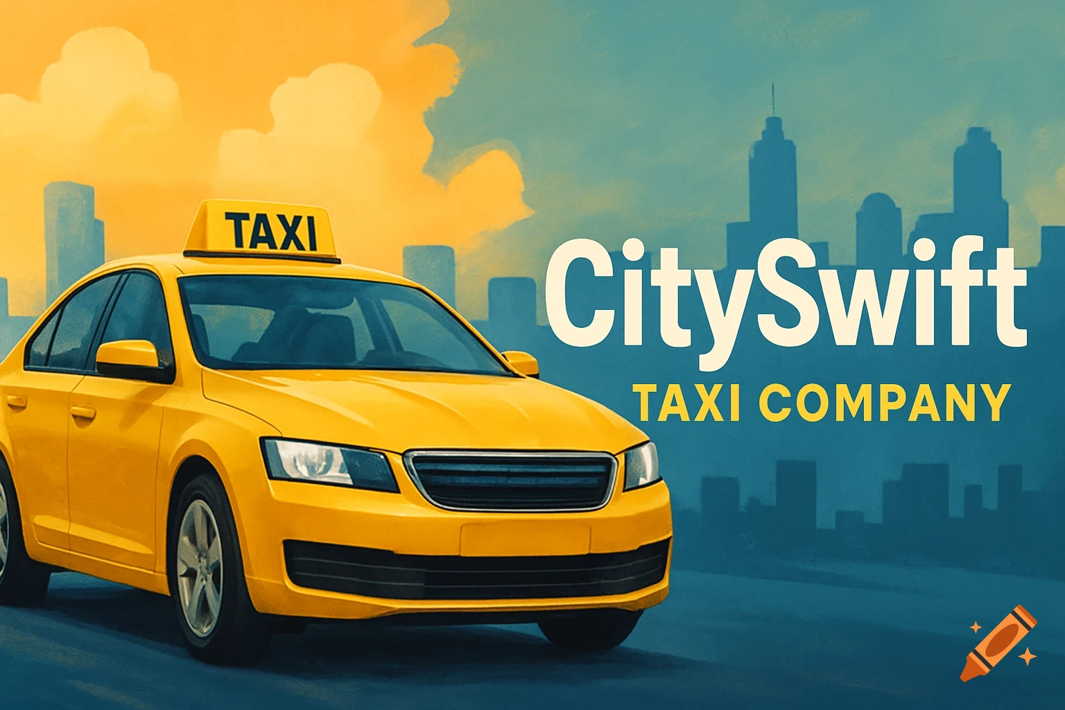 Image of a yellow taxi with CitySwift Taxi Company text and a cityscape backdrop.
