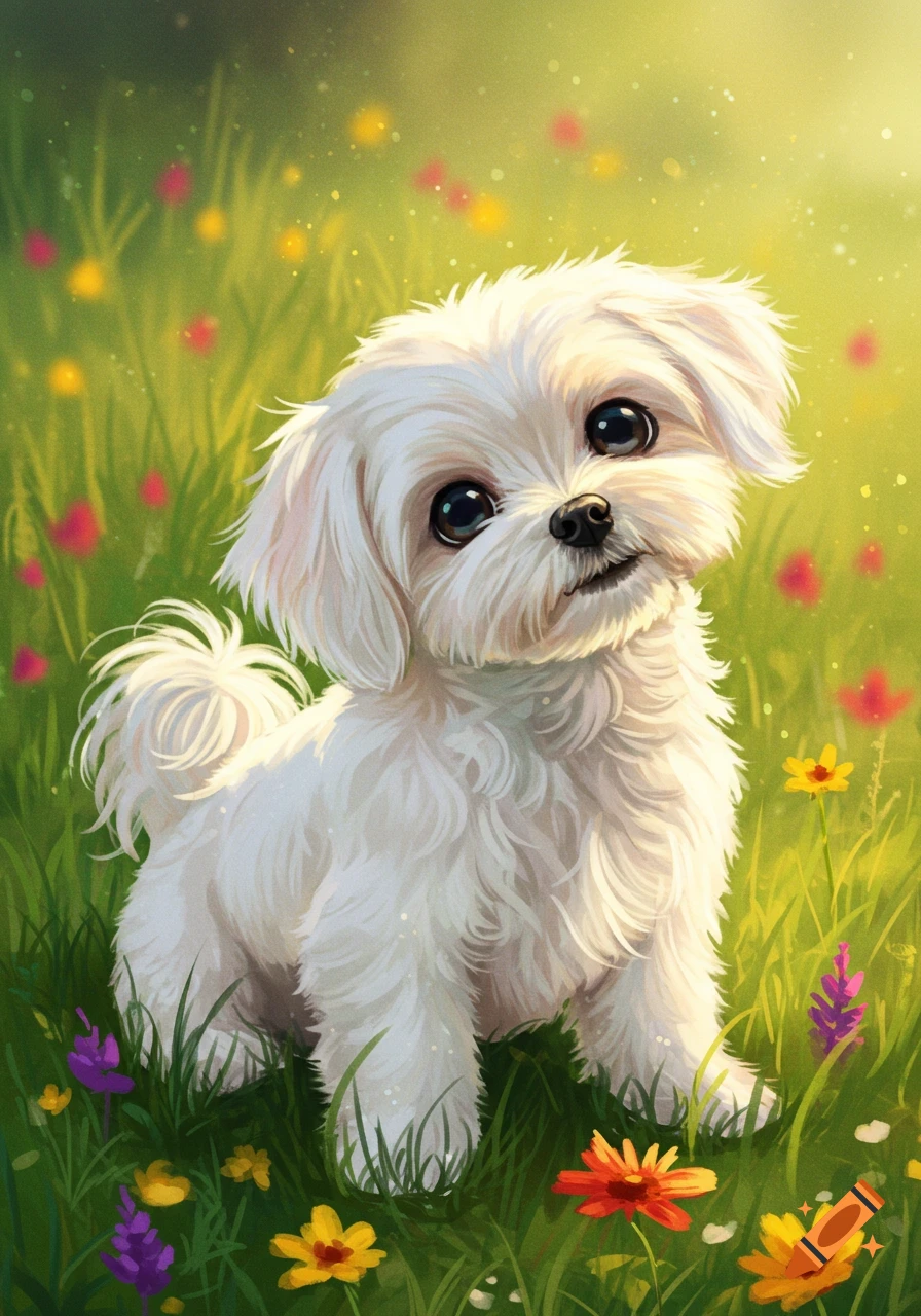 A small white dog sits amongst a field of colorful flowers.