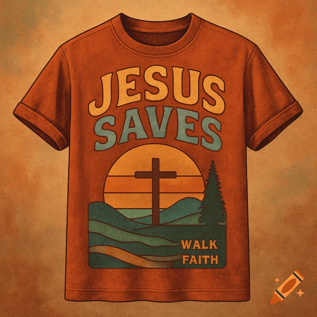 Retro style T-shirt design with 'Jesus Saves' and 'Walk Faith' text, cross, sun, mountains, and tree.