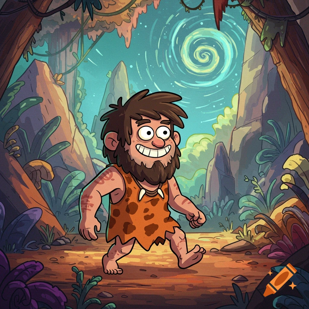 A cartoon caveman walks through a jungle landscape.
