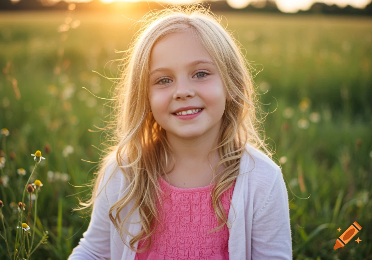 Portrait of a young blonde girl smiling in a sunny field at sunset.