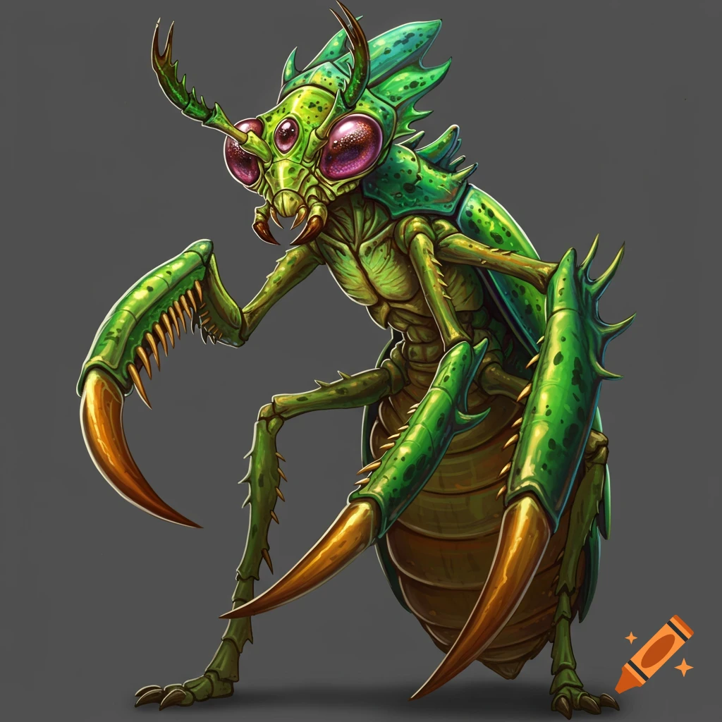 A green insectoid fantasy creature stands on a gray background.