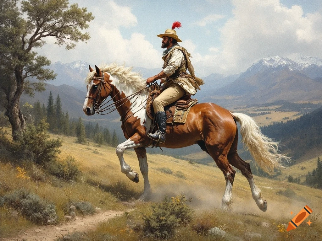 A man rides a horse on a trail through a mountain landscape.