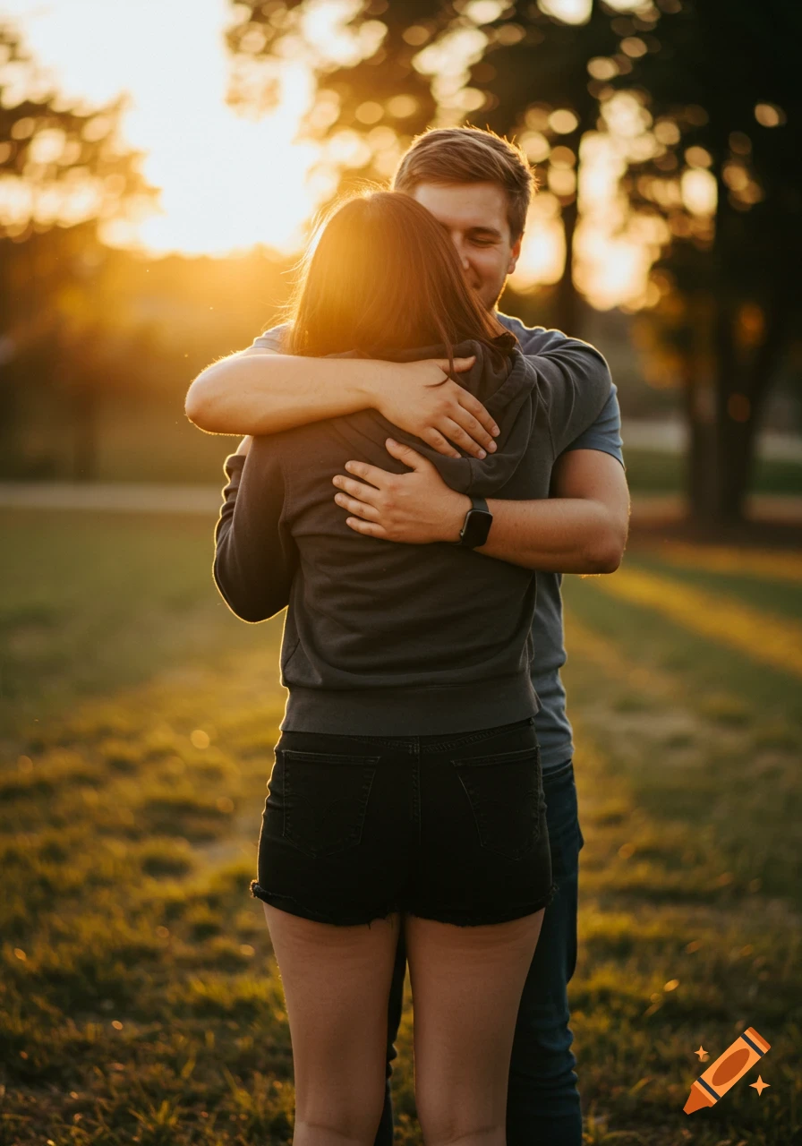 A couple hugging in a park at sunset, woman facing away.