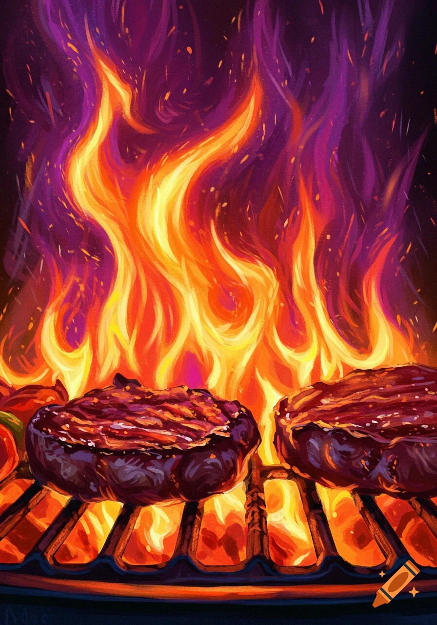 Steaks grilling over colorful flames on a BBQ.