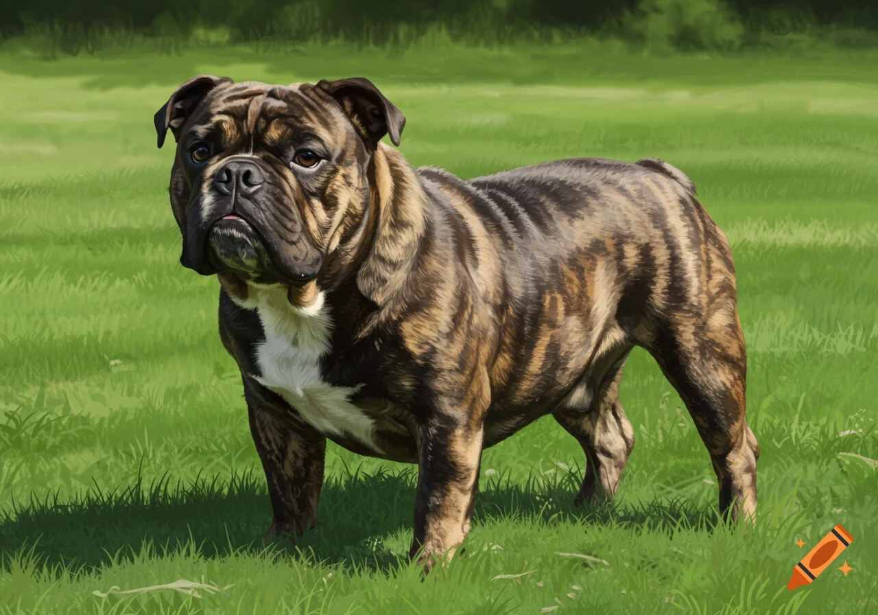 A brindle bulldog standing in a grassy field.