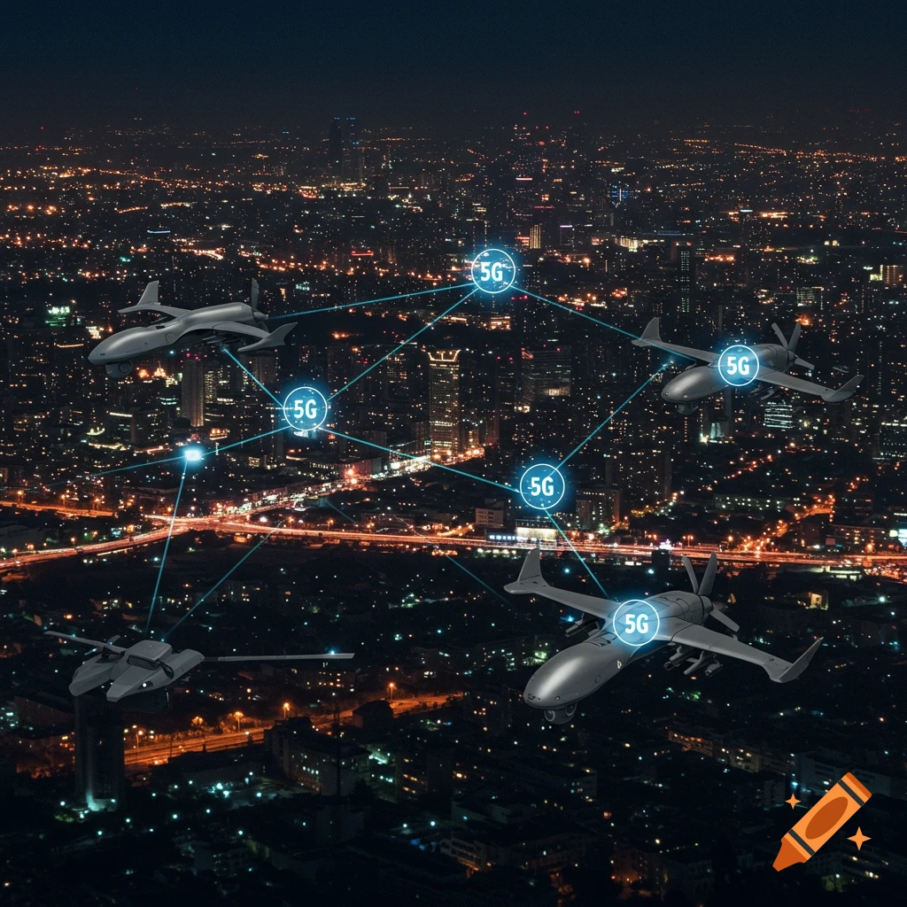 Drones forming a 5G network over a city at night.