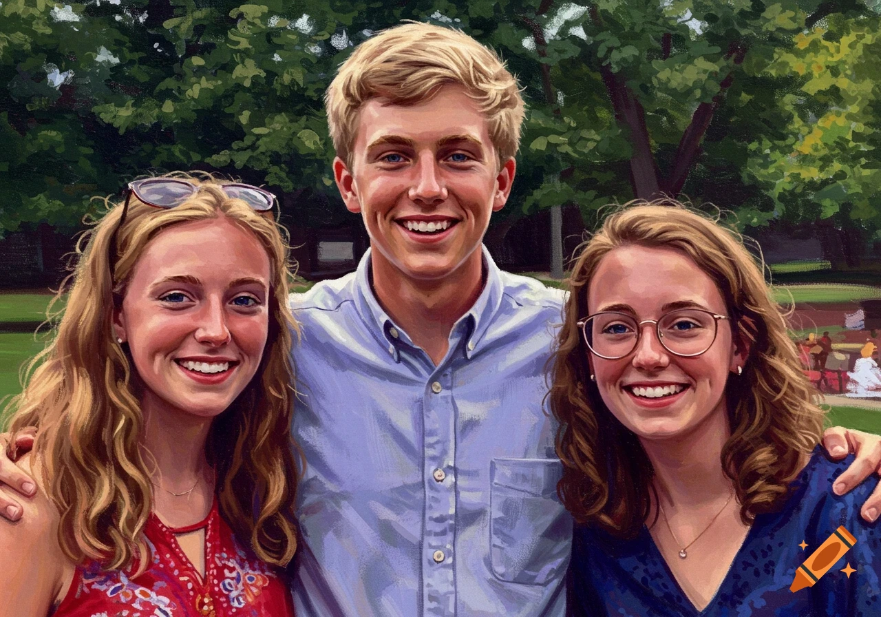 Three smiling people standing together outdoors.