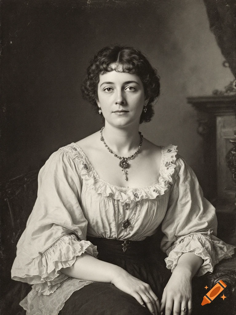Vintage portrait of a woman wearing old-fashioned clothing and jewelry.