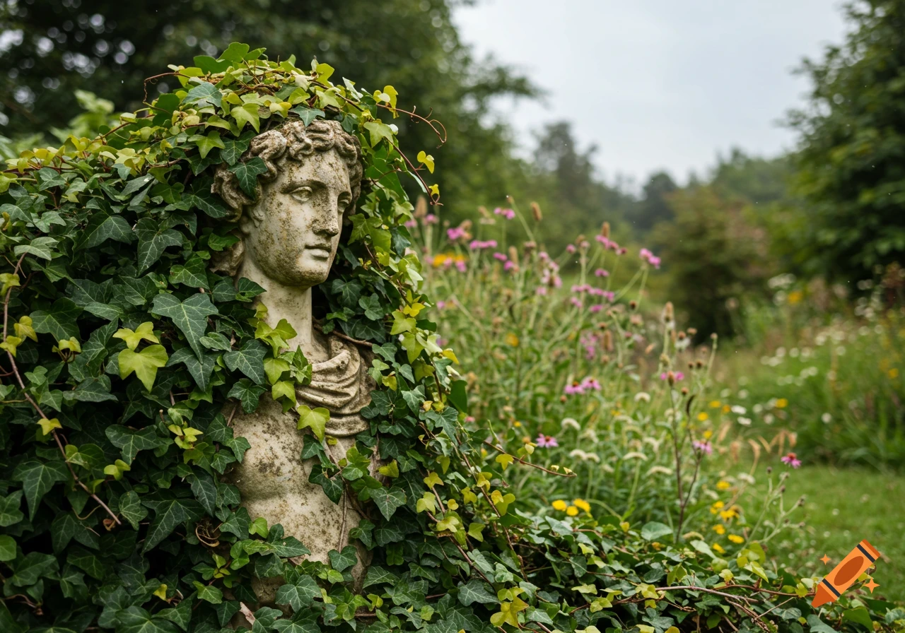 A statue covered in ivy in a garden with flowers.