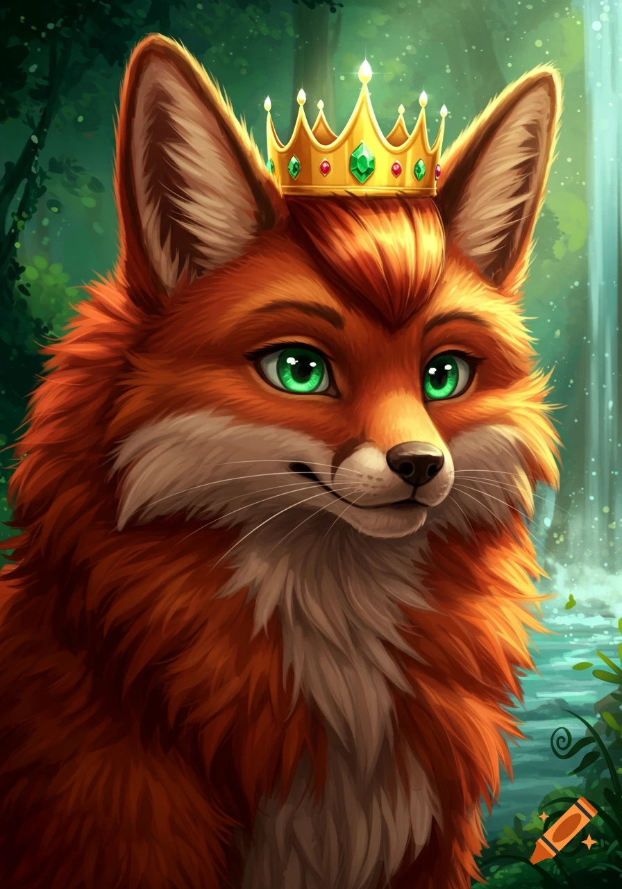 An anthropomorphic fox with a crown in a forest with a waterfall.