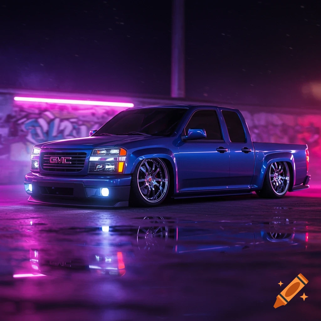 A blue slammed GMC Canyon truck on a wet street at night with neon lights and reflections. Digital art.
