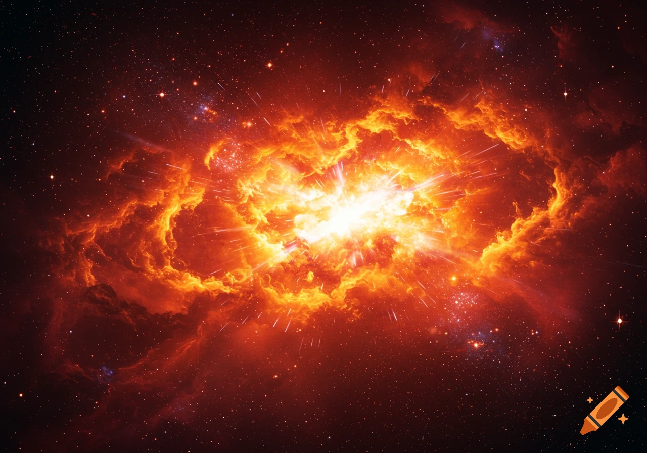 A fiery orange and red explosion or nebula in deep space, surrounded by stars.