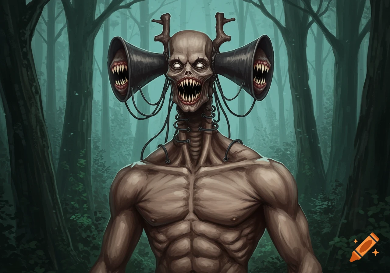 A tall, muscular creature with siren heads for a head, wires on its body, stands in a dark forest.
