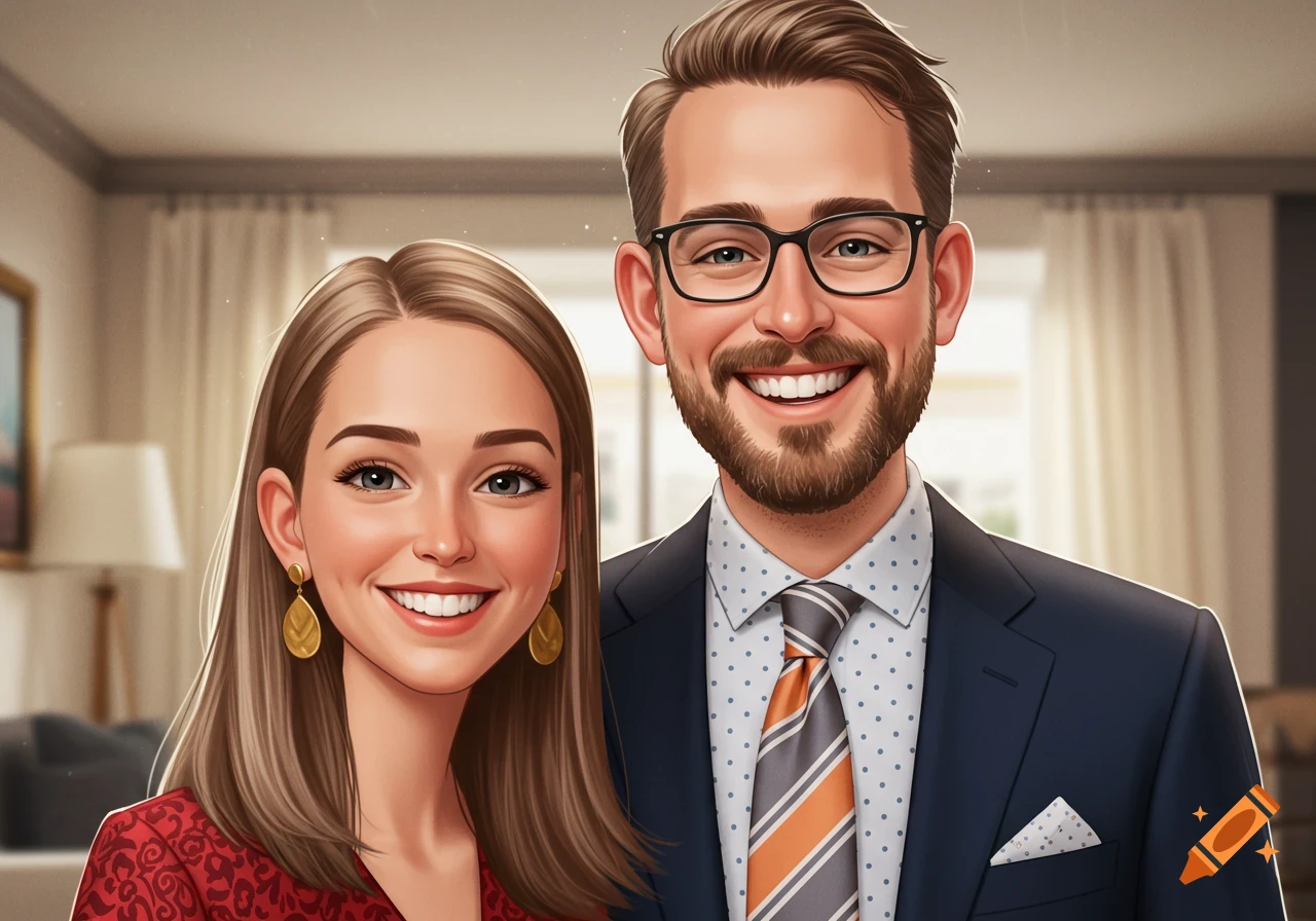 Smiling cartoon couple in an indoor setting.