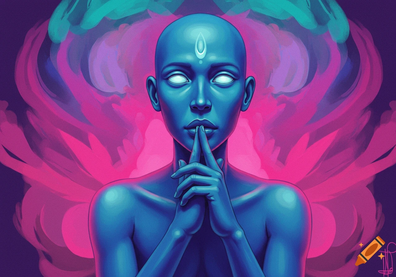 A blue human figure with no mouth and white eyes, against a vibrant pink and blue background.
