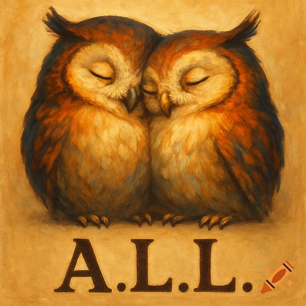 Image of two owls snuggled together like one big owl with the text A.L.L. below.