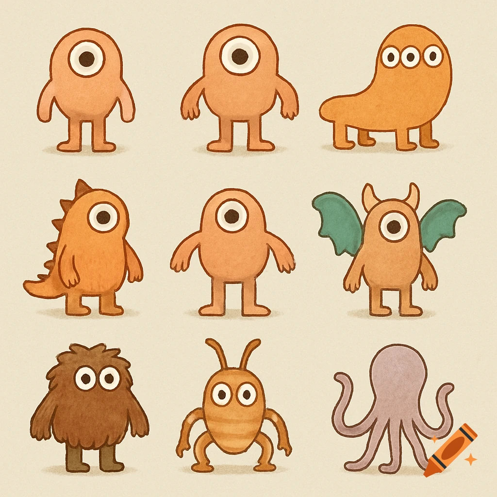 A grid of nine different stylized cartoon monsters with various shapes, colors, and features like eyes, limbs, and wings.