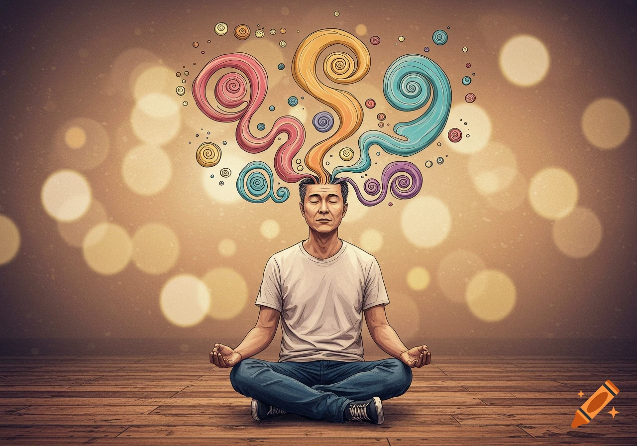 Illustration of a person meditating with colorful abstract shapes flowing from their head.