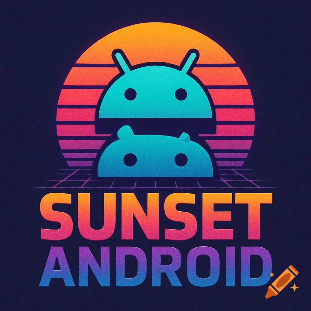 Vaporwave style Sunset Android logo with two stacked Android heads and a retro sunset grid.