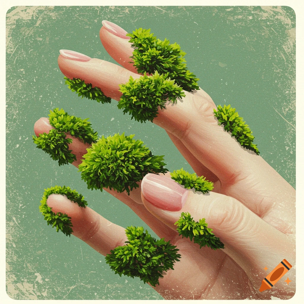 A hand with green moss clusters growing on the fingers and back.