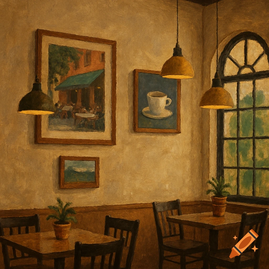 Interior of a cafe with tables, chairs, framed paintings, and hanging lamps.