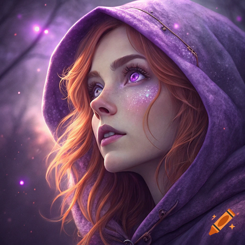 Portrait of a fantasy woman with purple eyes and red hair wearing a purple hooded cloak.