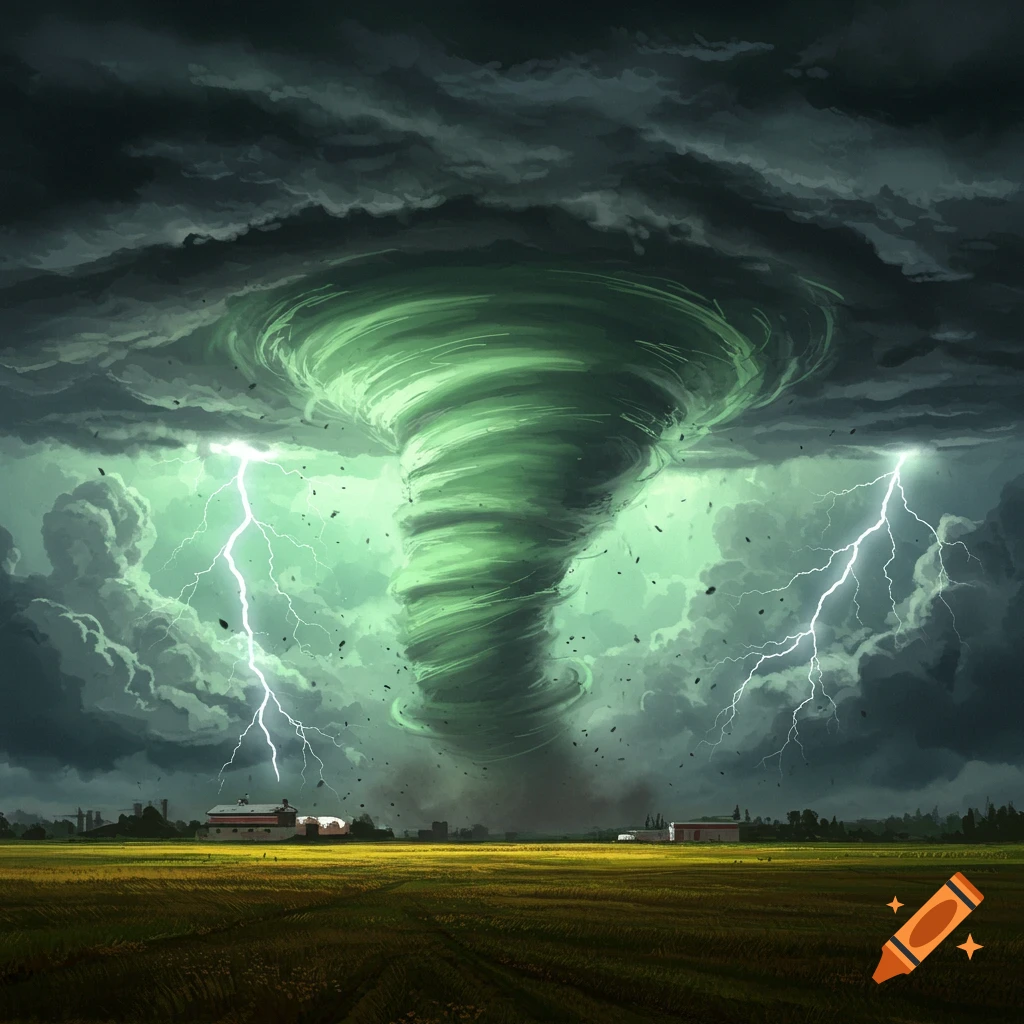 A massive green tornado swirls under dark stormy clouds with lightning over a yellow field.
