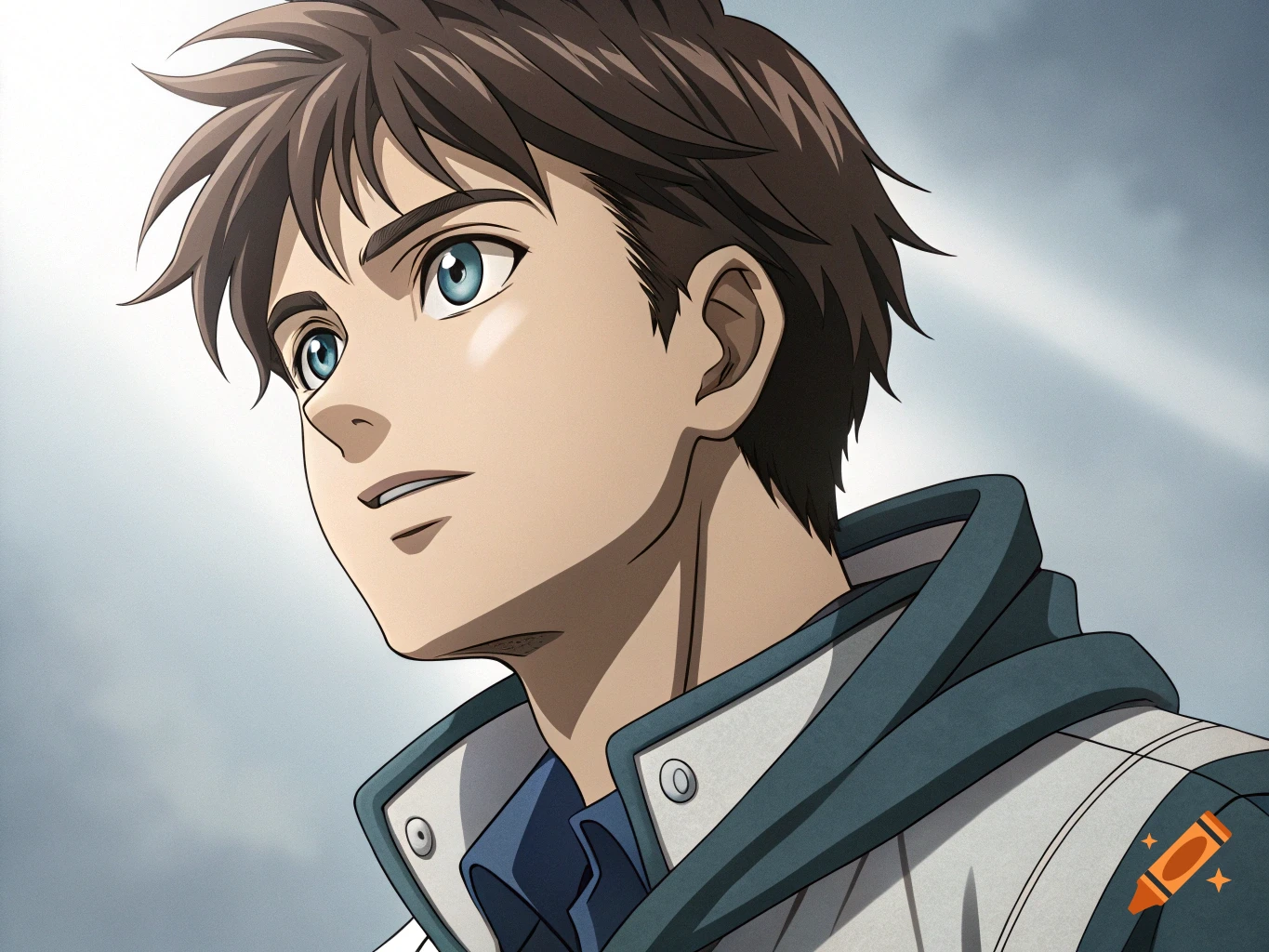 Anime portrait of a young man with blue eyes and brown hair looking up