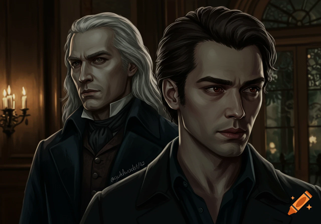 Painting of two men in period coats; one with white hair, the other with dark hair and red eyes, indoors with candles.