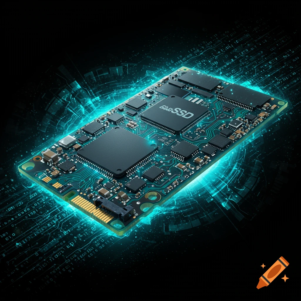 An SSD circuit board glowing with blue light.