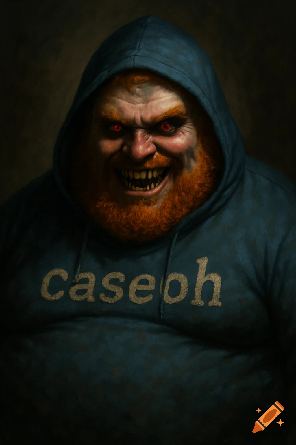 A fat ginger guy with a beard, sharp teeth, and red eyes, wearing a blue hoodie with 'caseoh' written on it.
