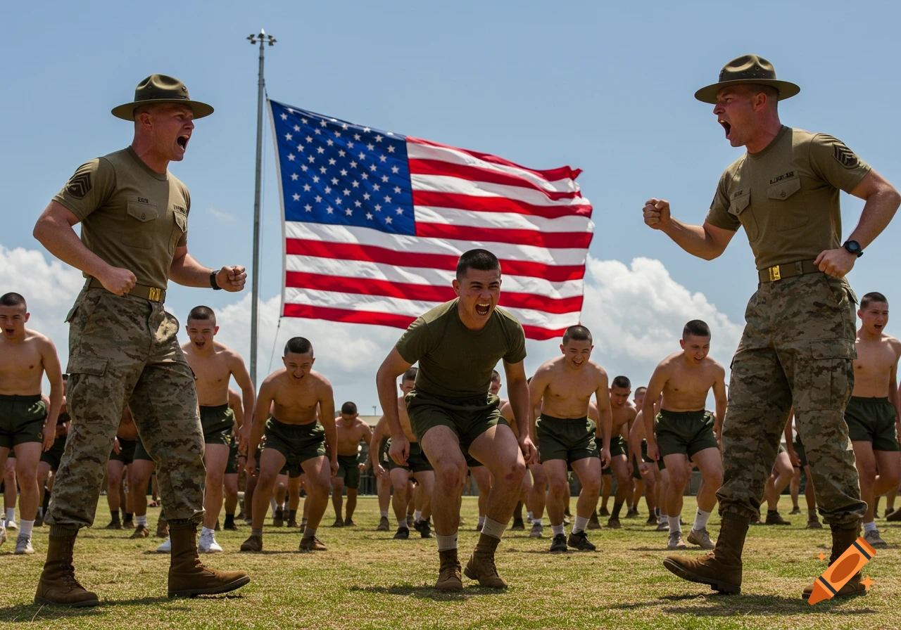 US Marine drill instructors yell at shirtless recruits during training with a US flag in the background.