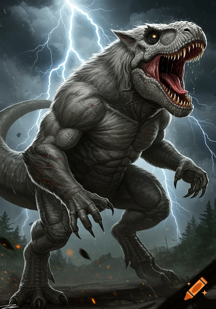 A monstrous werewolf Tyrannosaurus Rex roaring in a stormy landscape with lightning.