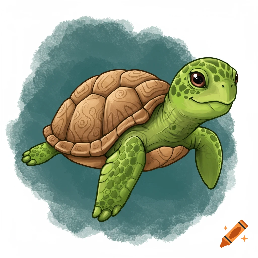 A cute cartoon illustration of a green and brown sea turtle swimming.