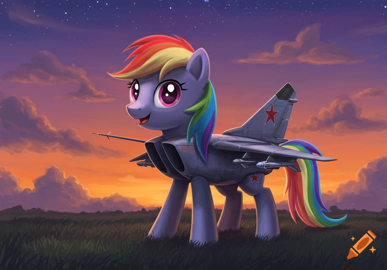 A colorful cartoon pony fused with a Mig-25 jet stands in a field at sunset.