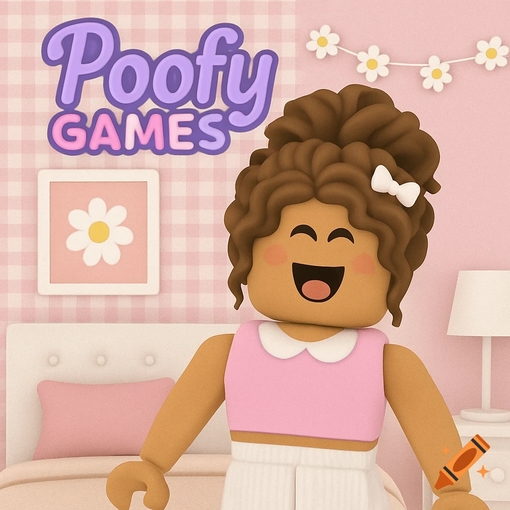 A smiling Roblox avatar with brown curly hair in a pink room with a 'Poofy GAMES' logo.